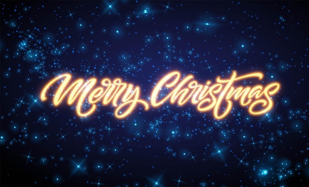 Buon natale scritte al neon. segno di auguri di natale. buon natale dorato luce al neon isolato su sfondo nero. testo calligrafico di natale. cartolina, elemento di design banner. illustrazione vettoriale