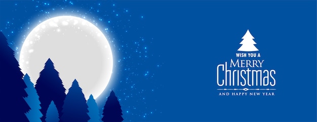 С рождеством и новым годом баннер с ночным пейзажем с полной луной