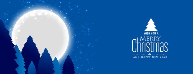 Merry christmas and new year banner with night landscape with full moon