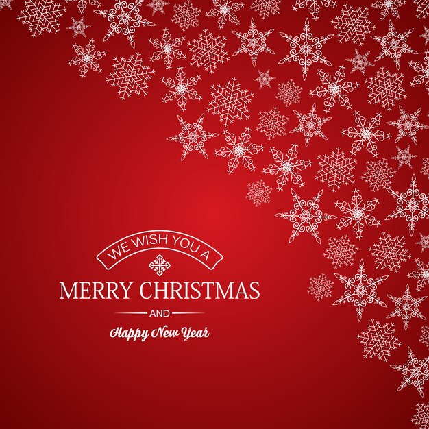 Merry Christmas and new year card greeting inscription and snowflakes of different shapes on red