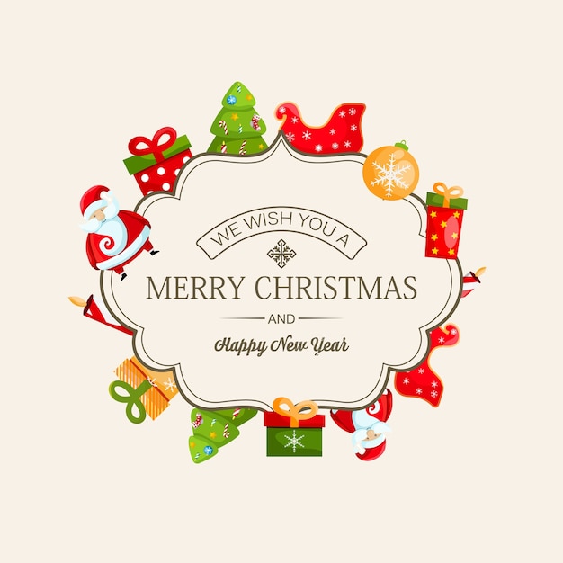 Merry Christmas and new year card with calligraphic inscription in elegant frame