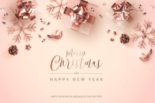 Merry Christmas and New Year Card with golden rose decoration