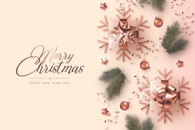 Merry Christmas and New Year Card with realistic decoration