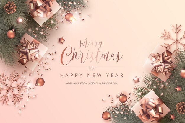 Merry Christmas and New Year Card with realistic ornaments in golden rose