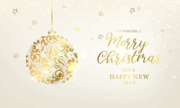 Merry christmas and new year greeting card with lettering and Golden confetti fall
