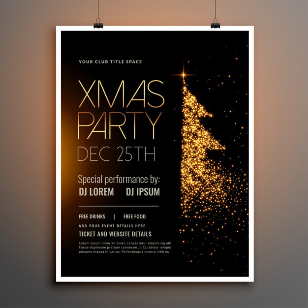 Merry christmas party flyer with golden sparkle tree