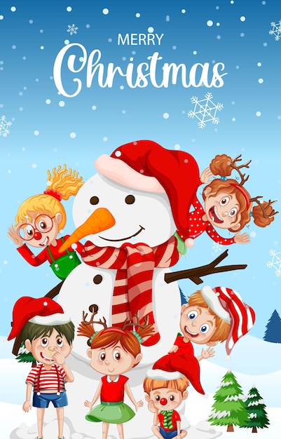 Free vector merry christmas poster design with children and snowman