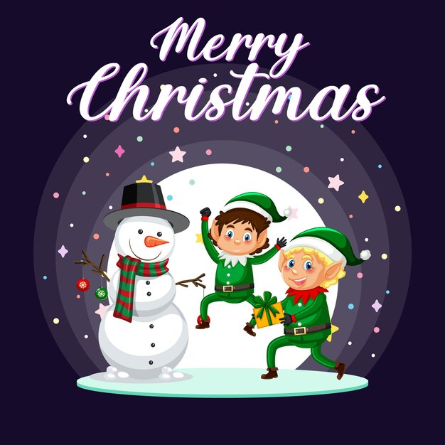 Merry Christmas poster design with cute elves and snowman