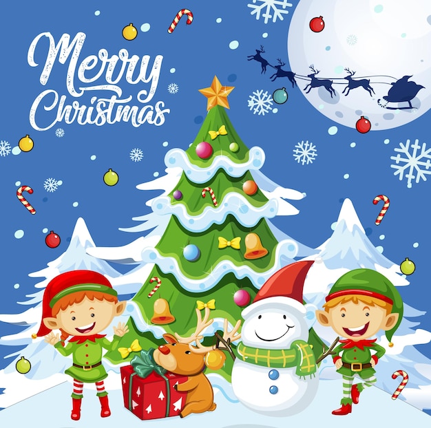 Merry christmas poster design with elves and christmas tree