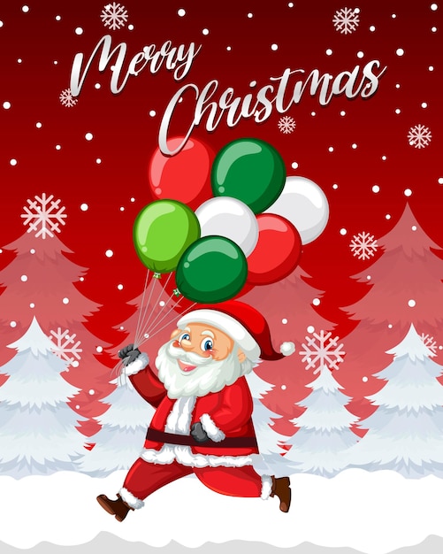 Merry christmas poster design with santa claus holding balloons