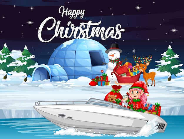 Free vector merry christmas poster with cute elf on speedboat