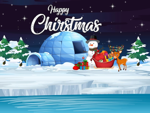 Merry christmas poster with reindeer and snowman