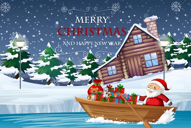 노 젓는 보트로 선물을 전달하는 산타와 함께 메리 크리스마스 포스터