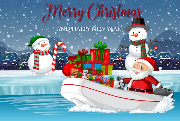 スピードボートで贈り物を届けるサンタとメリークリスマスのポスター
