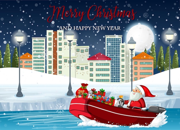 Free vector merry christmas poster with santa delivering gifts by speedboat