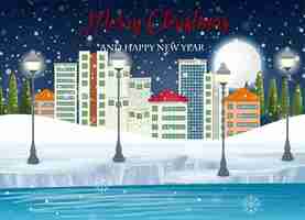 無料ベクター 夜の雪に覆われた街とメリークリスマスのポスター