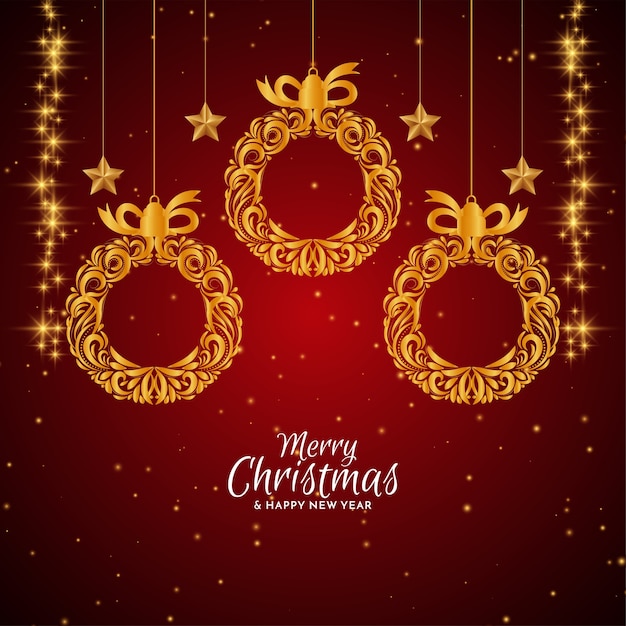 Merry Christmas red background with golden Christmas balls 