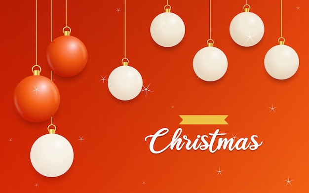 無料ベクター メリー クリスマス赤背景白と赤ハンギング ボール水平クリスマス ポスター グリーティング カード ベクトル イラスト
