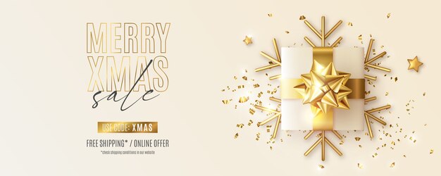 Merry Christmas Sale Banner with Realistic Golden Gift