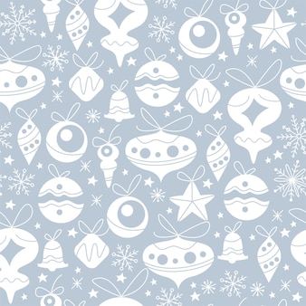 Merry christmas seamless pattern design with different fir tree toys and balls, snowflakes and stars isolated. vector flat illustration. for cards, banners, prints, packaging, invitations. Premium Vector