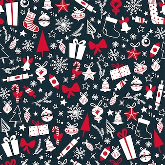 선물, 전나무, 장난감, 눈송이와 메리 크리스마스 원활한 패턴 디자인. 벡터 평면 그림입니다. 카드, 배너, 지문, 포장, 초대장용.