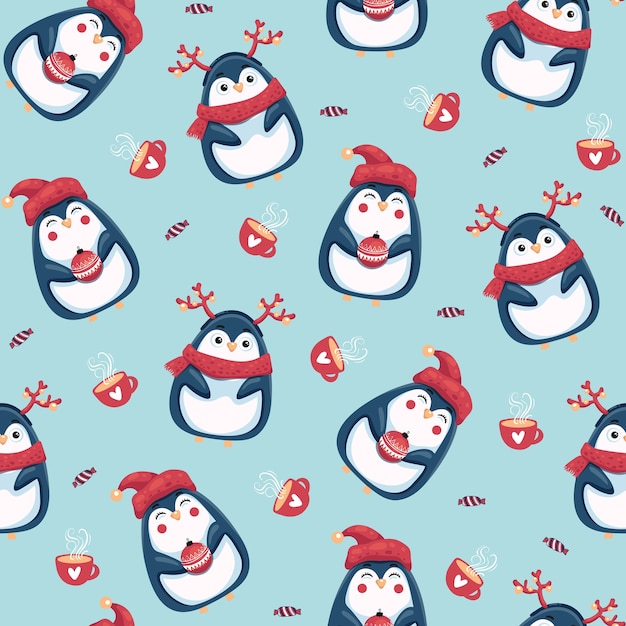 Merry christmas seamless pattern with penguins