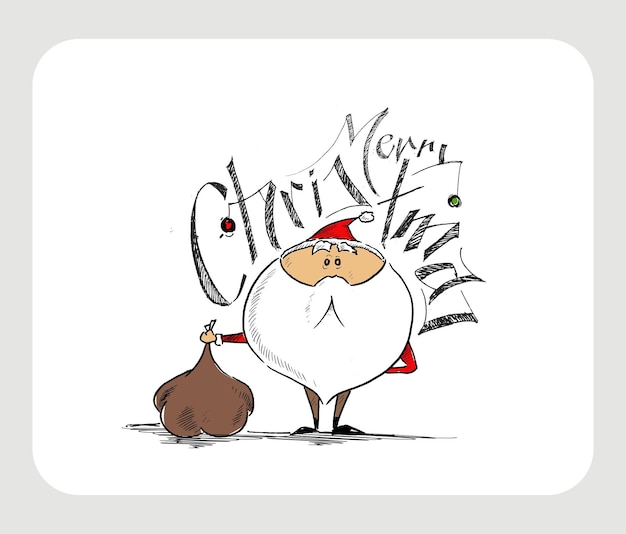 Free vector merry christmas! sketchy drawing of a funny santa claus holding gift bag, vector illustration