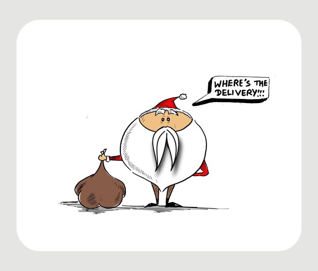 Merry Christmas! Sketchy Drawing of a Funny Santa Claus Holding Gift Bag, vector illustration