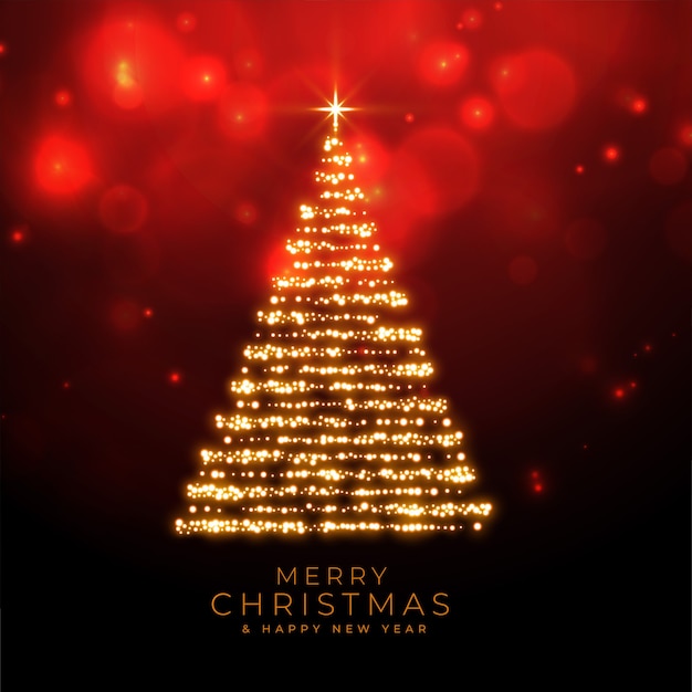 Merry christmas sparkles tree on red bokeh background