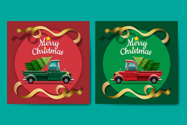 Merry christmas vector illustration retro pickup truck vintage style with christmas tree. assembled in graphic design, advertising signs, flyers, banners, website and invitation cards celebration
