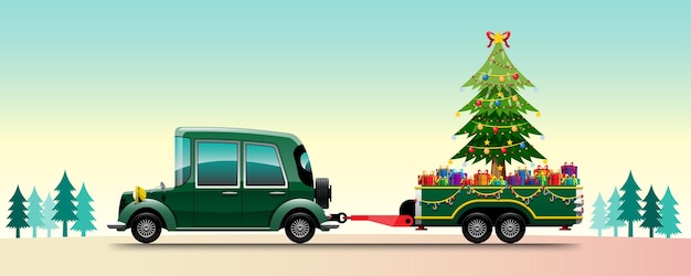 Vettore gratuito buon natale illustrazione vettoriale camioncino retrò stile vintage con albero di natale