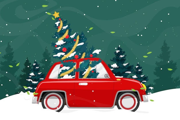 Merry christmas vector illustration retro pickup truck vintage style with christmas tree