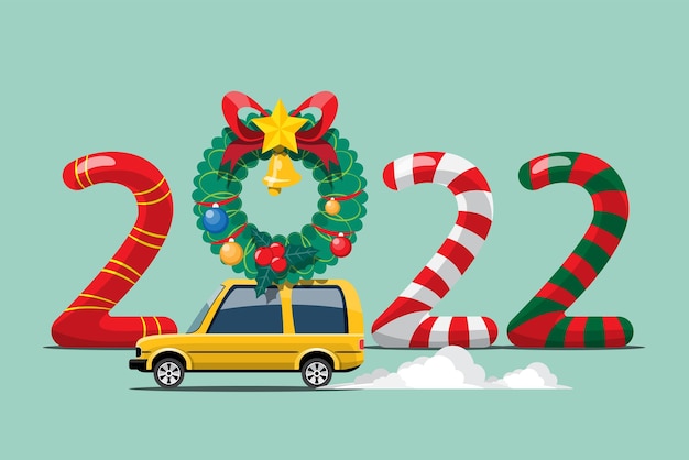 Merry christmas vector illustration santa claus and team drive suv car with wreath. assembled in graphic design, advertising signs, flyers, banners, website and invitation card