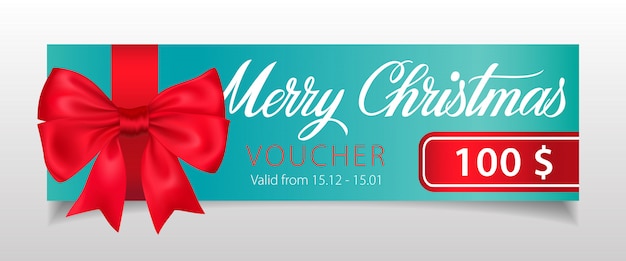 Merry christmas, voucher lettering with big ribbon bow