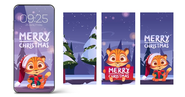 Веселые рождественские обои с милым тигром для заставки на мобильный телефон. векторная иллюстрация смартфона с мультяшным фоном с котенком в красной шляпе санта-клауса с подарочной коробкой в зимнем лесу