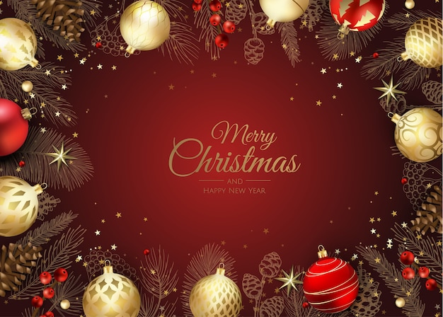 Merry christmas web banner, gold and red xmas ball. background for invitation or seasons greeting.