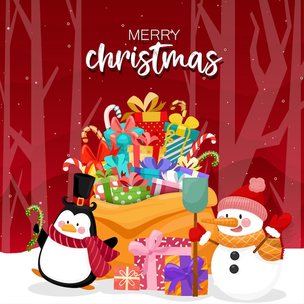 カラフルなギフトボックスと松の木とメリークリスマス