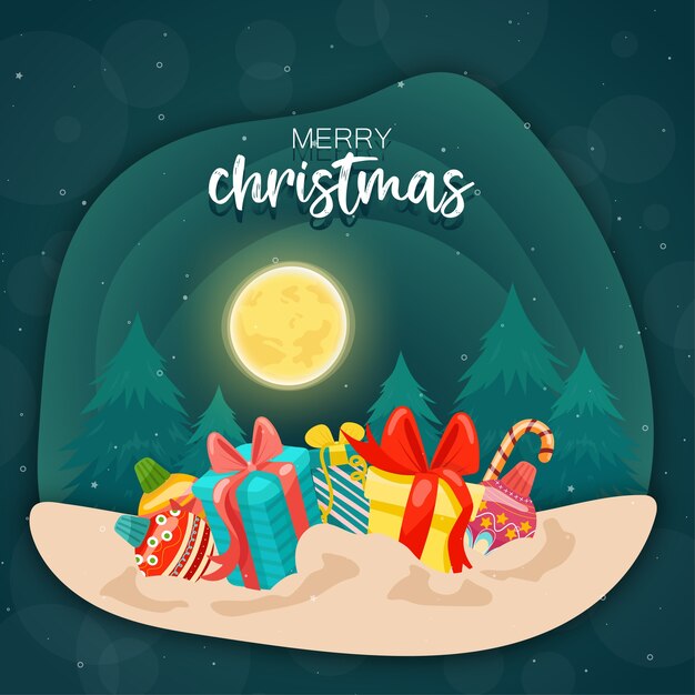 カラフルなギフトボックスと松の木とメリークリスマス