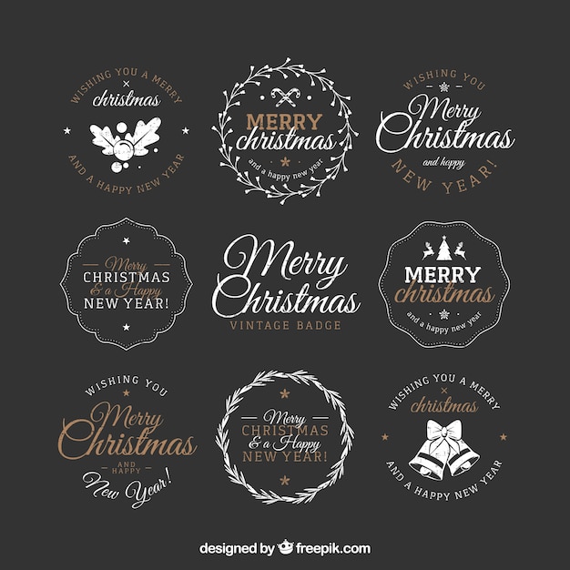 Merry christmas with decorative badges in vintage style