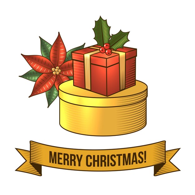 Merry Christmas with gift box retro illustration
