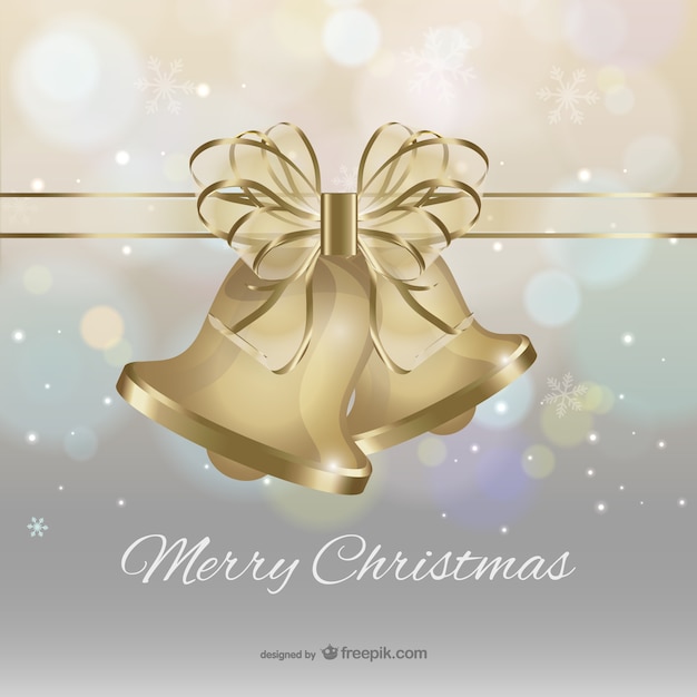 Free vector merry christmas with golden bells and bow vector