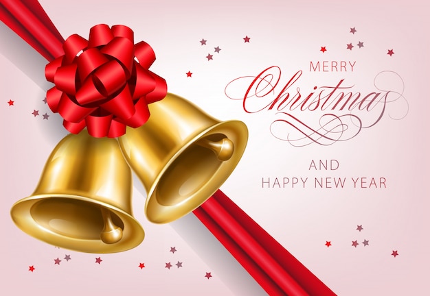 Free vector merry christmas with golden bells postcard design