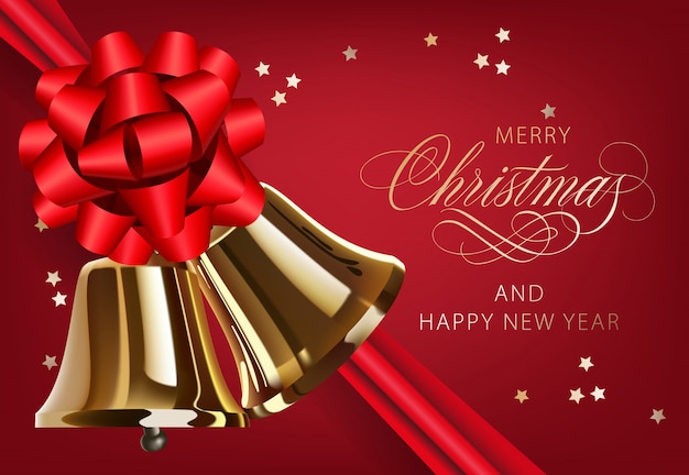 Merry Christmas with golden bells and ribbon postcard design