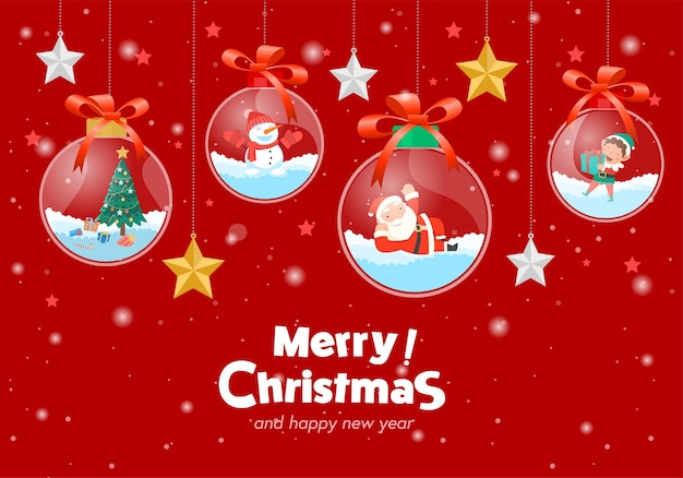 Free vector merry christmas with santa claus gifts template greeting card, glass ball hanging.