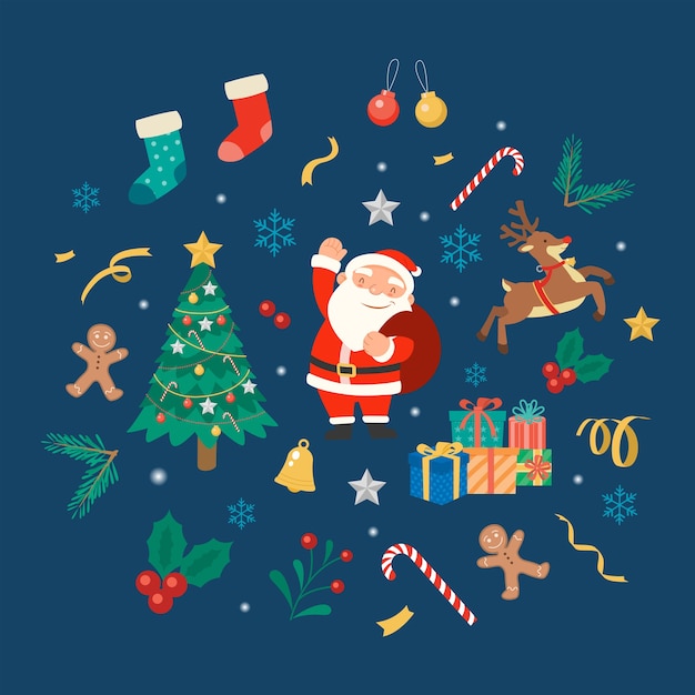 Free vector merry christmas with santa claus gifts template greeting card