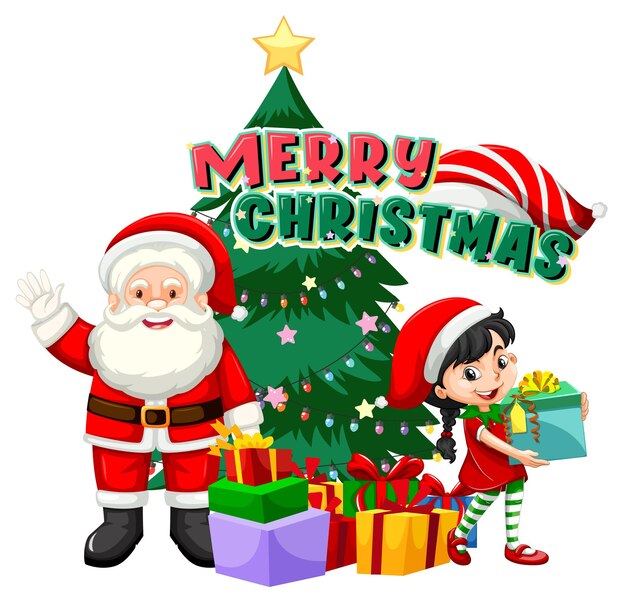 Merry Christmas with Santa Claus and a girl holding gift box