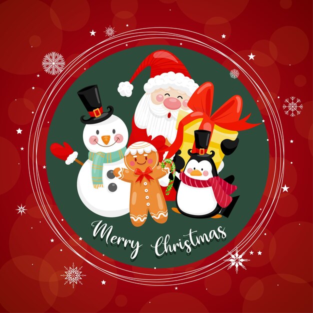 Merry Christmas with Santa Claus and various gift boxes on the snowy with house and moon as.