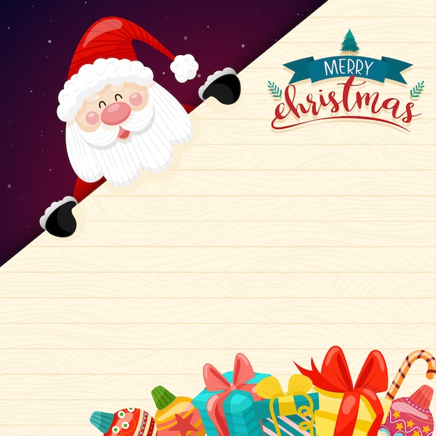 Free vector merry christmas with santa claus and various gift boxes on the snowy with house and moon as.