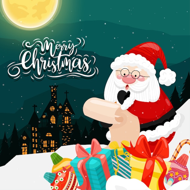 Merry Christmas with Santa Claus and various gift boxes on the snowy with house and moon