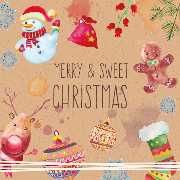 Счастливого и сладкого рождественская открытка в стиле акварели